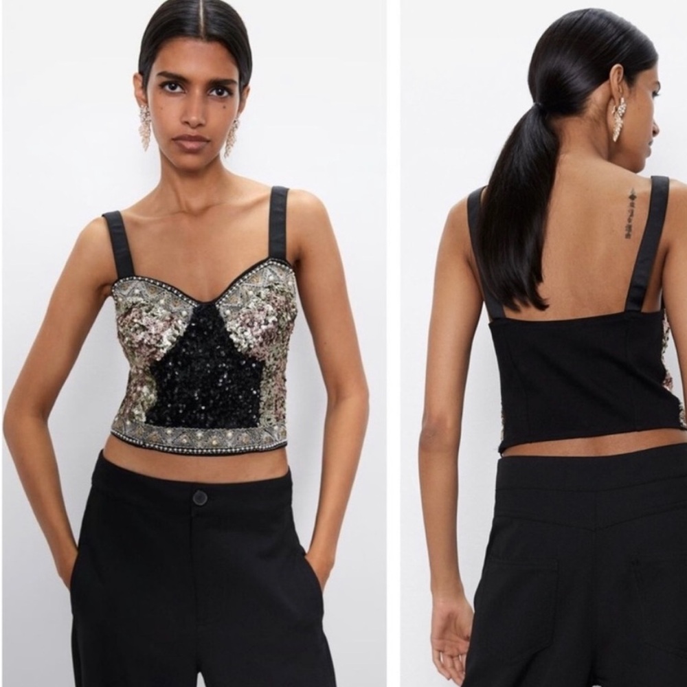 Zara brand new Black and Silver Sequin Crop Top